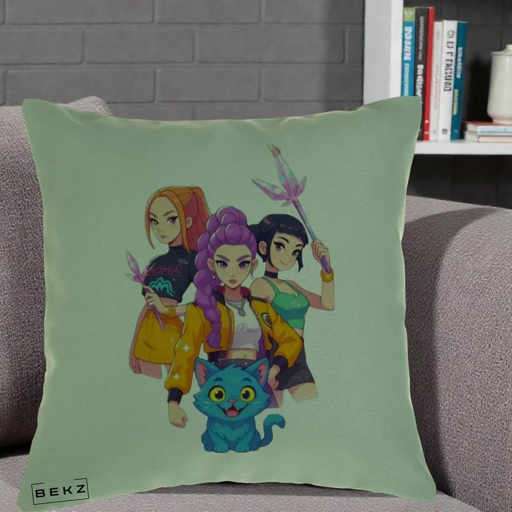 Perna Personalizata K-pop HUNTRX Trio cu Pisica si Cristale, 40x40 cm, Verde, Husa Detasabila, Perna Inclusa, BEKZ®