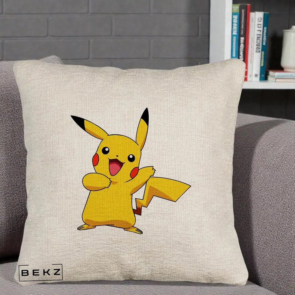 Perna Personalizata Pikachu Fericit, 40x40 cm, Bej Canapea, Husa Detasabila, Perna Inclusa, BEKZ®