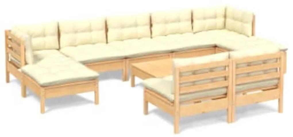 3097109 vidaXL Set mobilier grădină cu perne crem, 10 piese, lemn masiv de pin