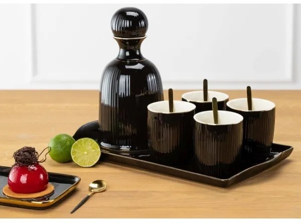 Set ceramic cești cu carafă și tavă KENDI negru