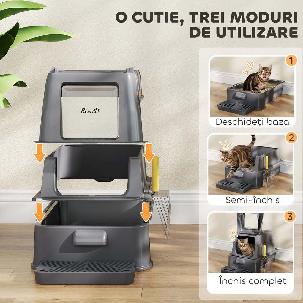 PawHut Litieră Închisă de 80L pentru Pisici cu Tavă Detașabilă, în ABS și Oțel Inoxidabil, 63x43x43 cm, Gri Închis | Aosom Romania