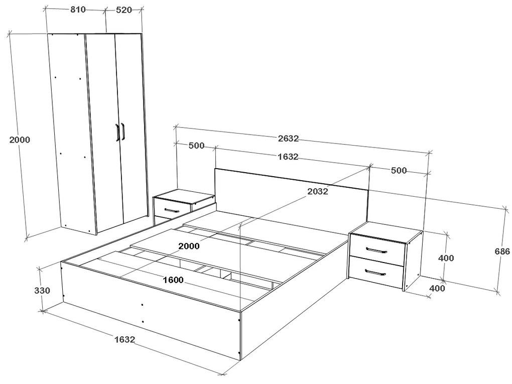 Set dormitor Malmo V16, Pat 200 x 160 cm, Stejar Alb/Antracit