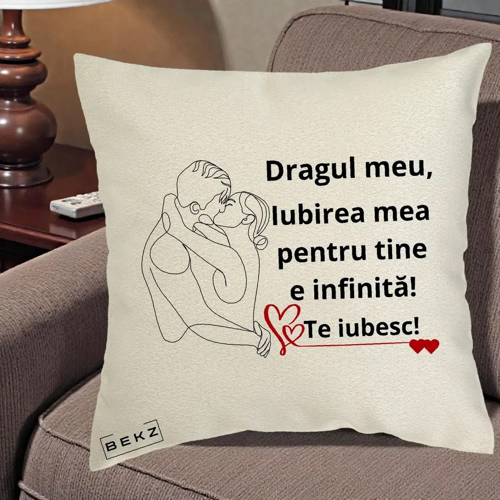 Cadou pentru Iubit - Perna Personalizata Dragul Meu Iubirea Mea pentru Tine e Infinita Te Iubesc, 40x40 cm, Ecru, Husa Detasabila, Perna Inclusa, BEKZ®