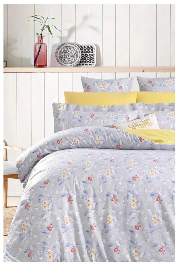 Lenjerie de pat galbenă/gri din bumbac ranforcé pentru pat dublu/extinsă cu cearceaf inclus/cu 4 piese 200x220 cm – Mila Home