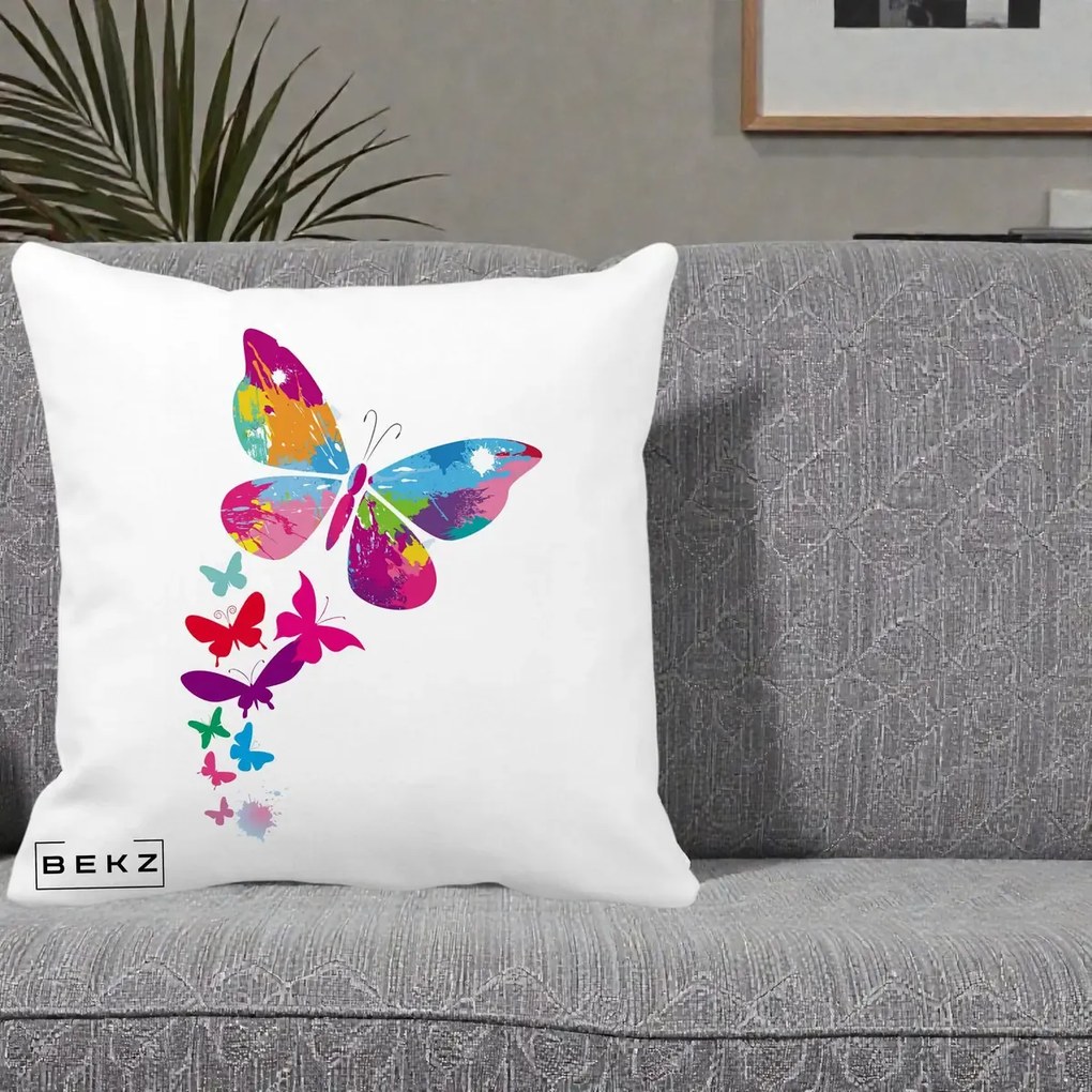 Perna Decorativa Fluturi Splash, 40x40 cm, Alba Mata, Husa Detasabila, Perna Inclusa, BEKZ®