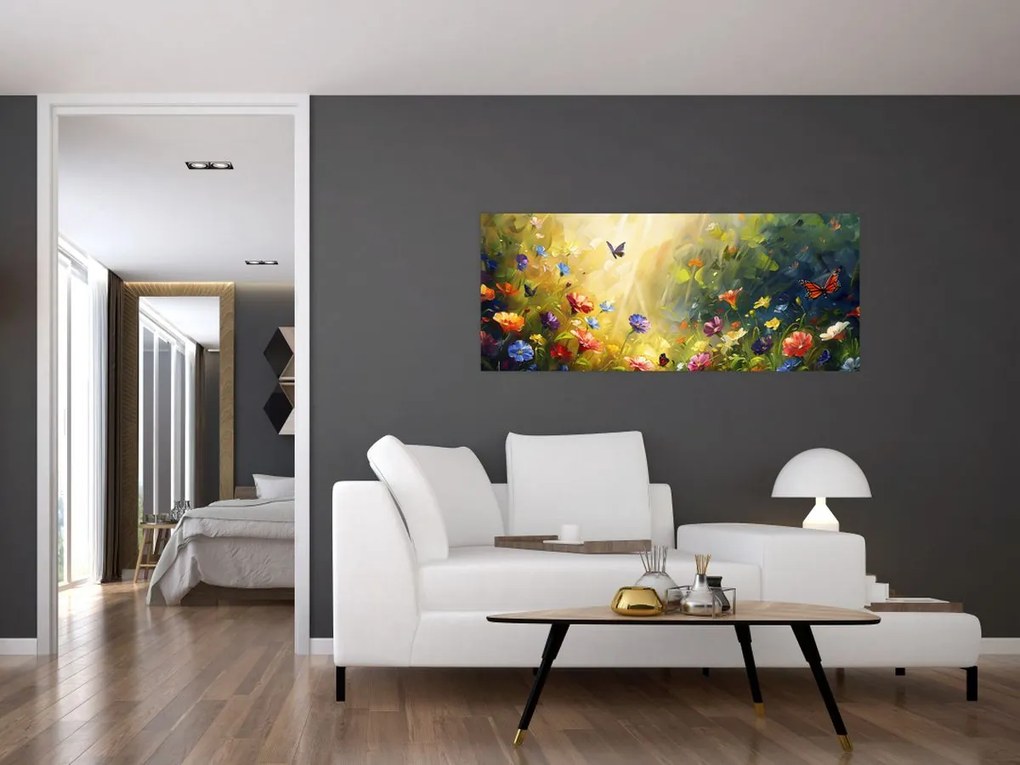 Tablou - Pajiște cu flori de primăvară, pictură (120x50 cm)