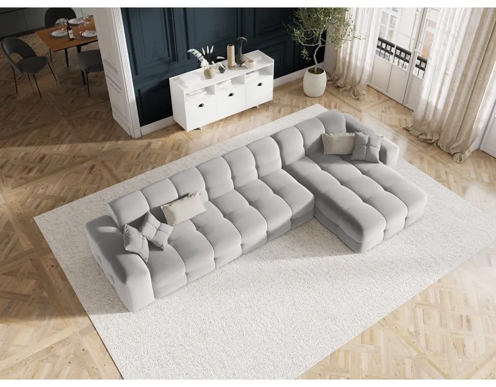 Colțar gri deschis cu tapițerie din catifea (pe partea dreaptă) Kendal – Micadoni Home