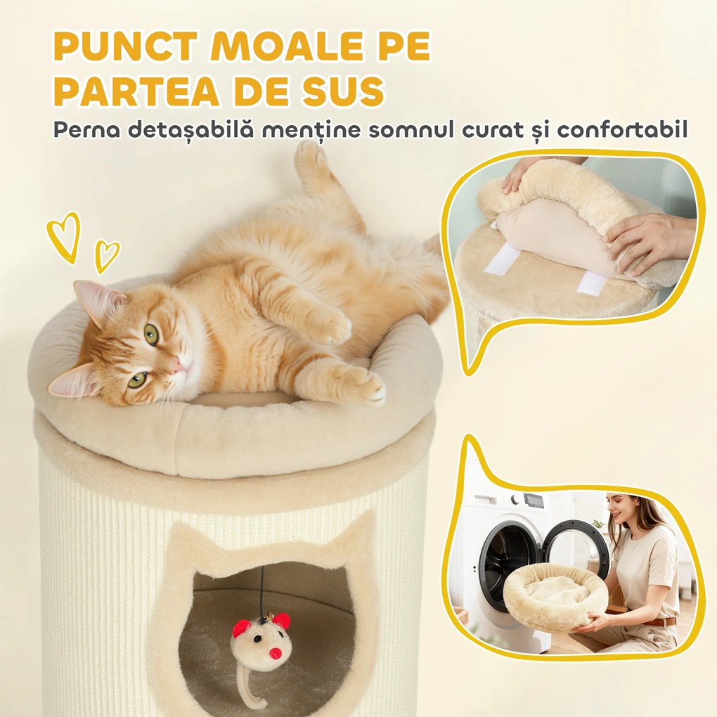 PawHut Turn de zgâriet pentru pisici de 96 cm înălțime, cu 3 căsuțe și un culcuș superior detașabil și lavabil, crem | Aosom Romania