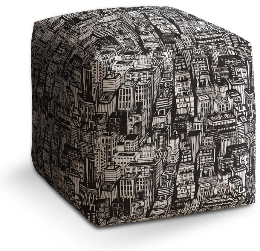 Taburet Cube zgârie-nori desenați, negru / alb