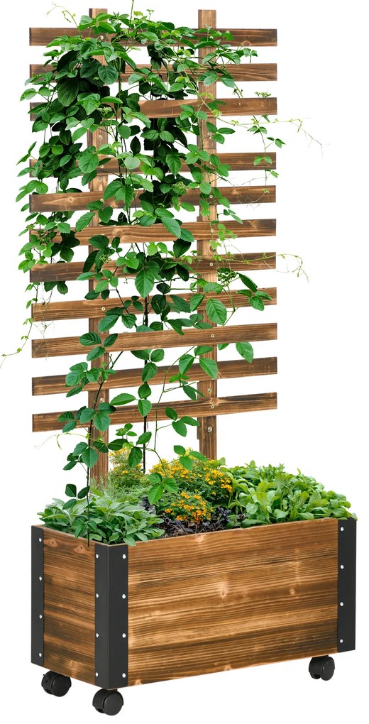 Outsunny Jardiniera cu Spalier pentru Plante Agatatoare si Roti, Jardiniera din Lemn de Brad cu Design Autodrenant, 65x31x147 cm, Maro Carbonizat