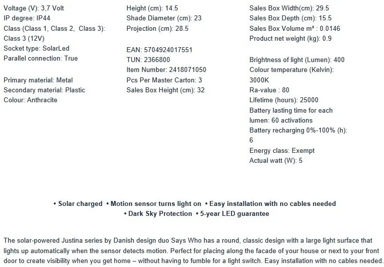 Aplica LED solara de exterior cu senzor de miscare IP44 Justina antracit