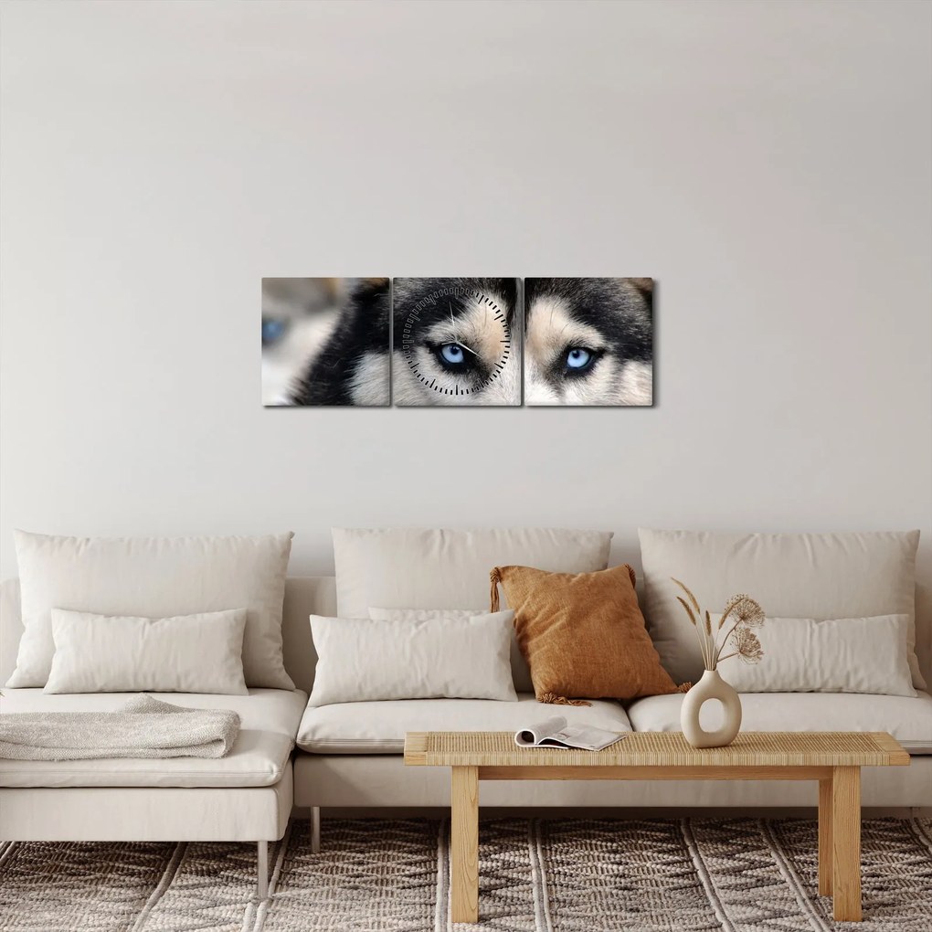 Tablou cu câinele husky (cu ceas) (90x30 cm)