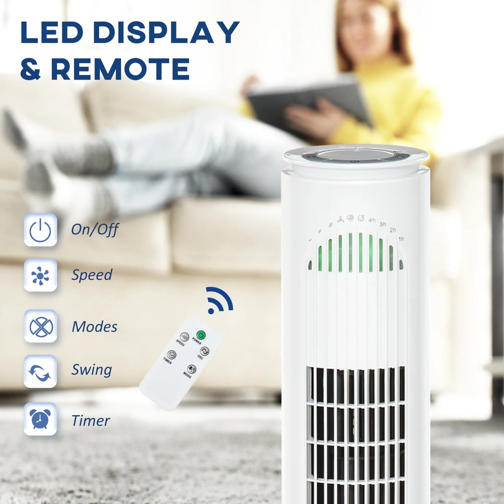 HOMCOM Ventilator Turn cu 3 Moduri și 3 Viteze cu Cronometru 10h, Ventilator de Podea ABS cu Telecomandă, Ø22x77 cm, Alb | Aosom Romania