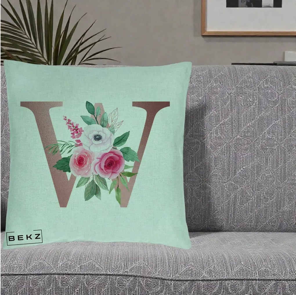 Cadou Personalizat - Perna Personalizata Monograma Rose Gold Litera W cu Trandafiri si Anemona, 40x40 cm, Verde Menta, Husa Detasabila, Perna Inclusa, BEKZ®