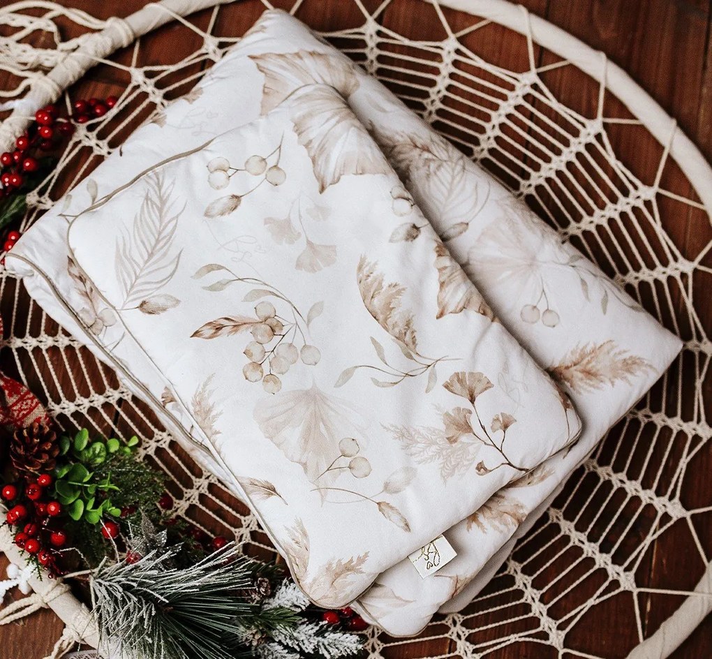 Set pilota 75 x 100 cm si perna 30 x 40 cm pentru copii, bumbac premium si umplutura hipoalergenica BabySoft, fata dubla, Boho