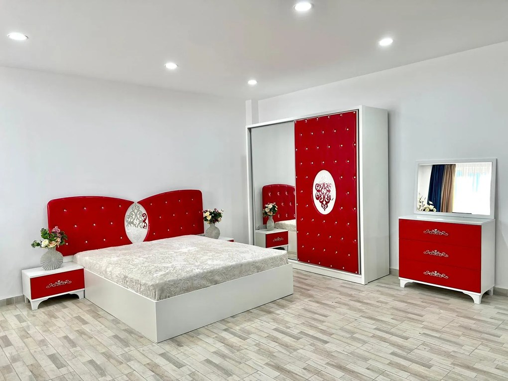 Dormitor Viena, culoare alb / rosu, cu pat tapitat 160 x 200 cm, dulap cu 2 usi, comoda cu oglinda, 2 noptiere si saltea