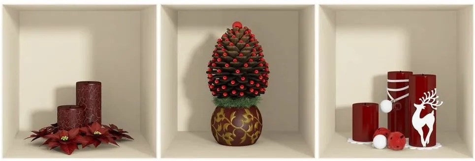 Set 3 autocolantede Crăciun cu efect 3D Ambiance Red Candles and Christmas Tree.