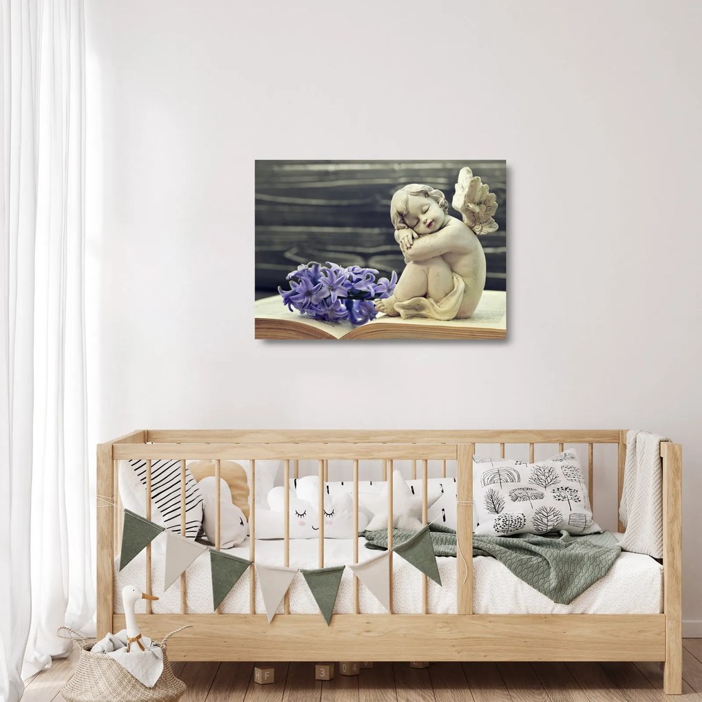 Tablou pe sticlă - Înger cu floare (70x50 cm)