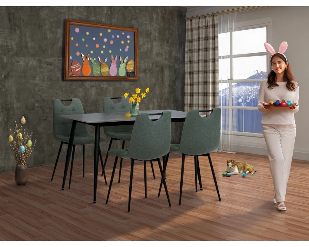 Set de masă cu farfurie ceramică și 4 scaune,verde