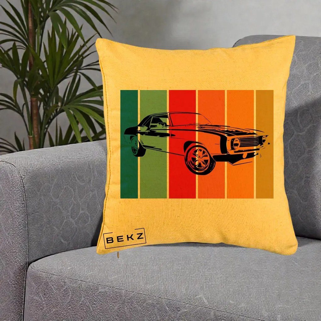 Perna Personalizata Masina Retro Muscle Car Grafic, 40x40 cm, Galben, Husa Detasabila, Perna Inclusa, BEKZ®