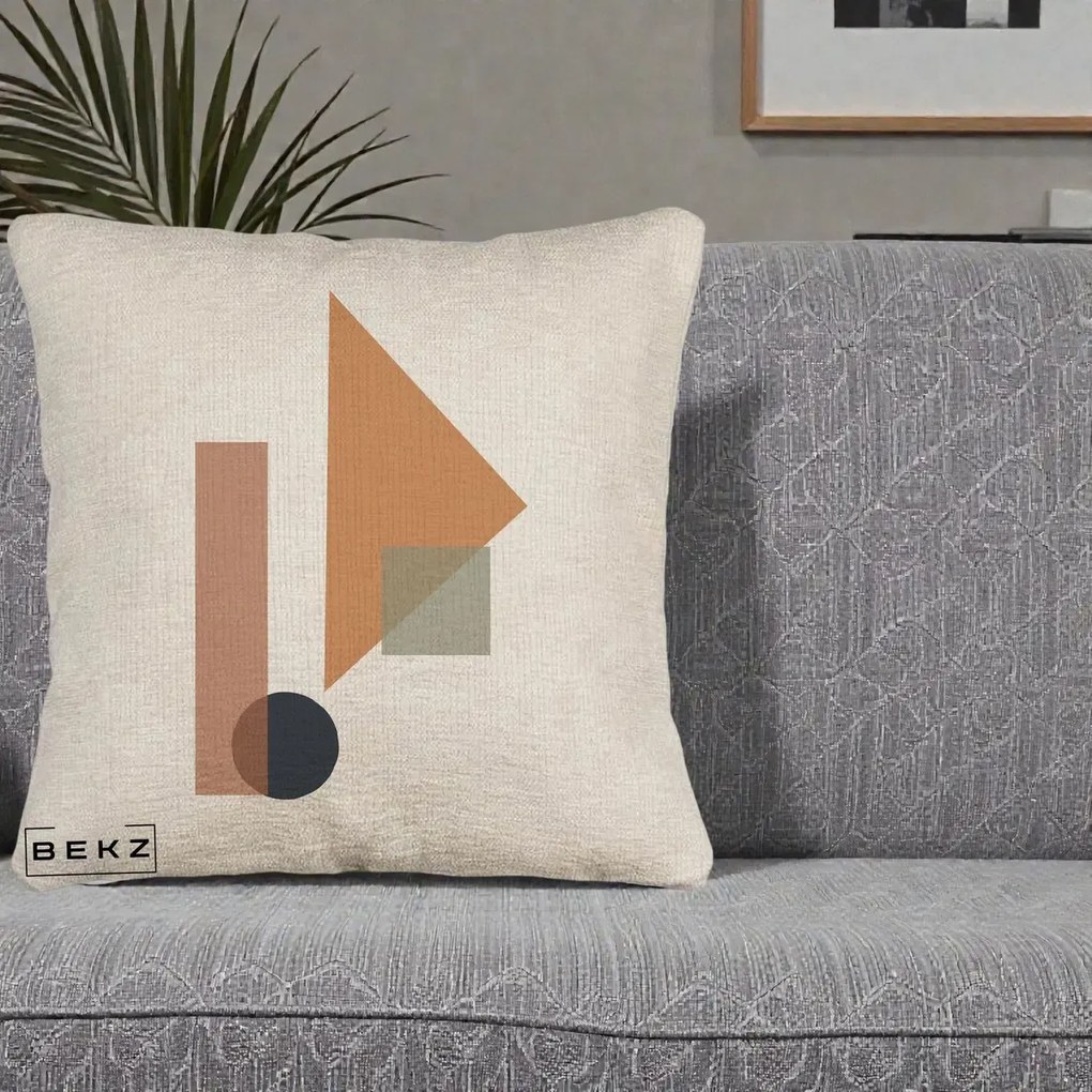Perna Decorativa Geometric Bauhaus Triunghi, 40x40 cm, Bej Canapea, Husa Detasabila, Perna Inclusa, BEKZ®