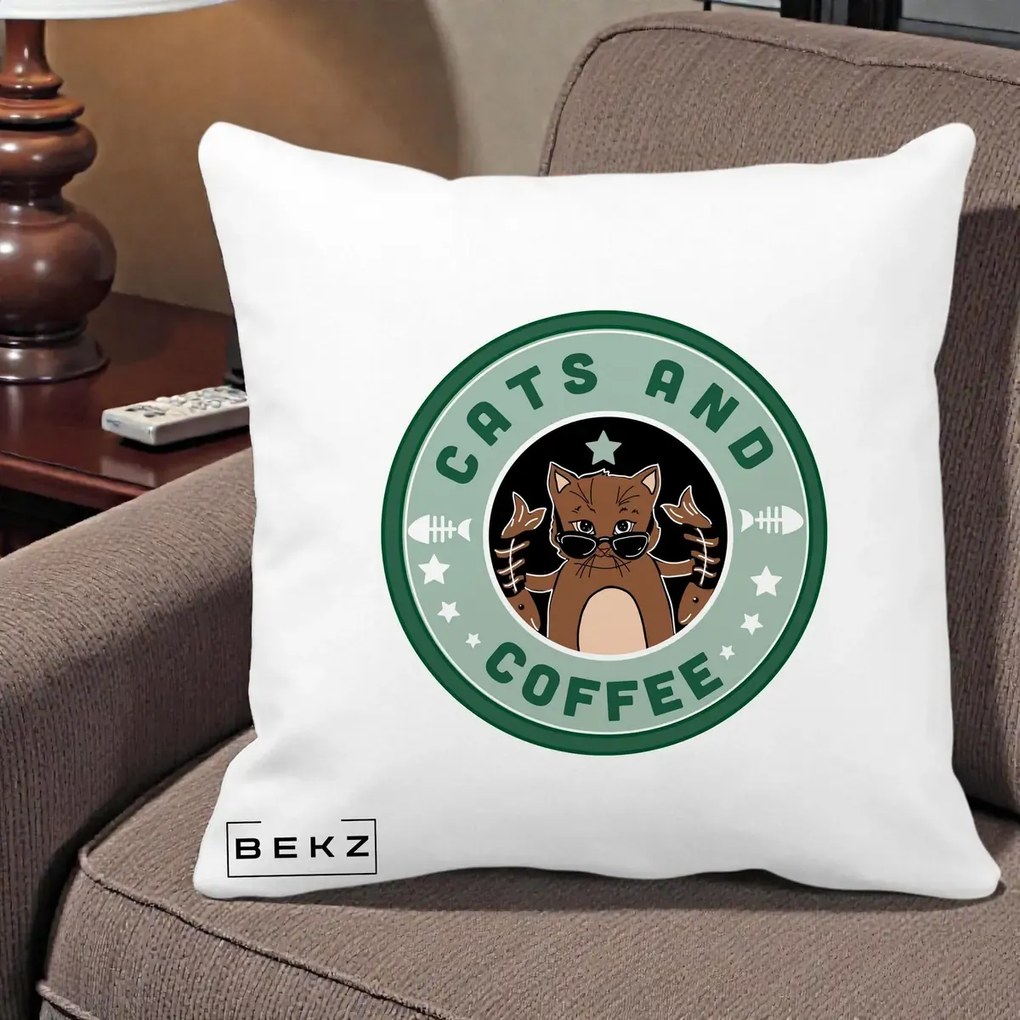 Perna Personalizata Cats and Coffee Starbucks, 40x40 cm, Alba Mata, Husa Detasabila, Perna Inclusa, BEKZ®