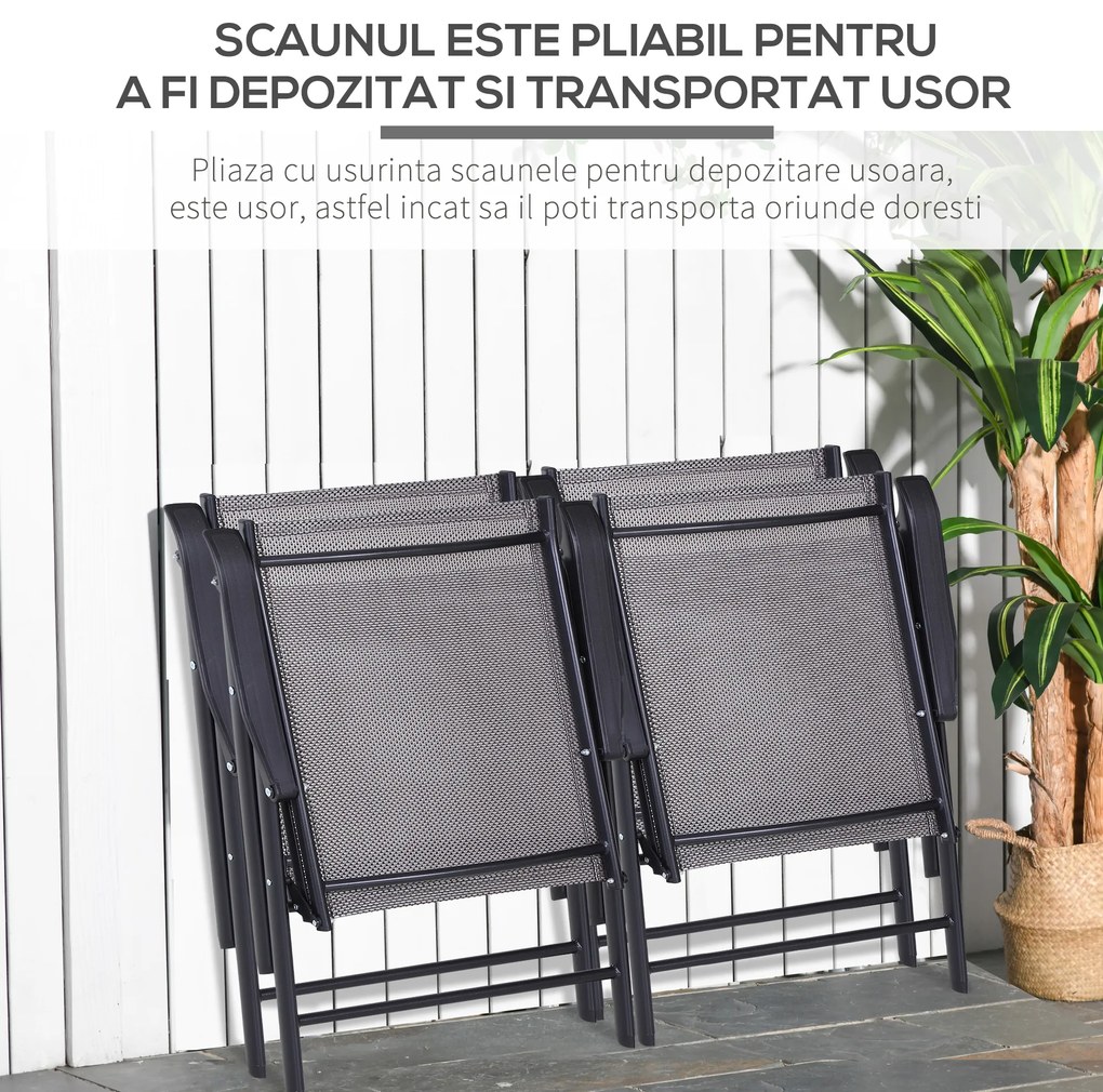 Outsunny Set de 4 Scaune Pliabile din Oțel și Textilen Gri, 58 x 64  x 94 cm, Negru