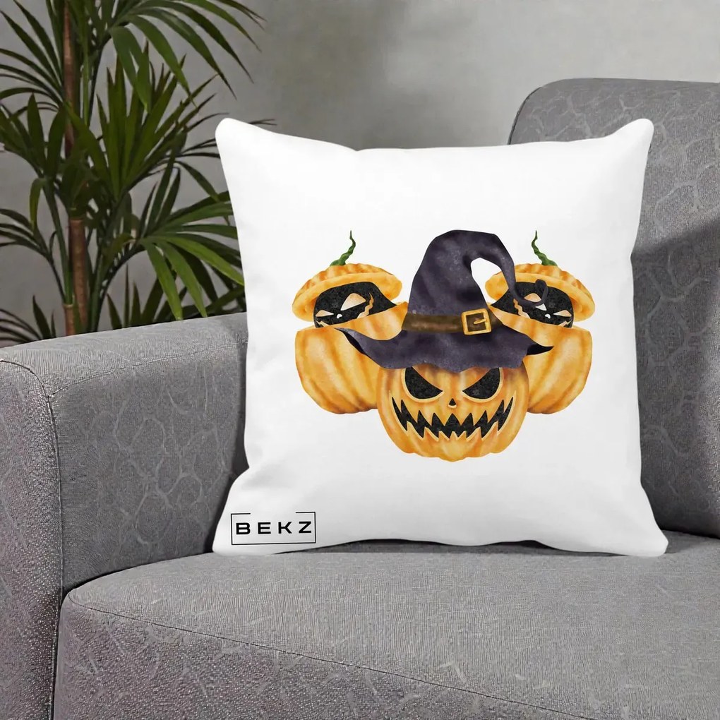 Perna Decorativa Trio Dovleci Jack-o-Lantern cu Palarie Vrajitoare, 40x40 cm, Alba Mata, Husa Detasabila, Perna Inclusa, BEKZ®