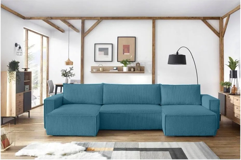 Colțar turcoaz extensibil cu tapițerie din catifea reiată Nihad – Bobochic Paris