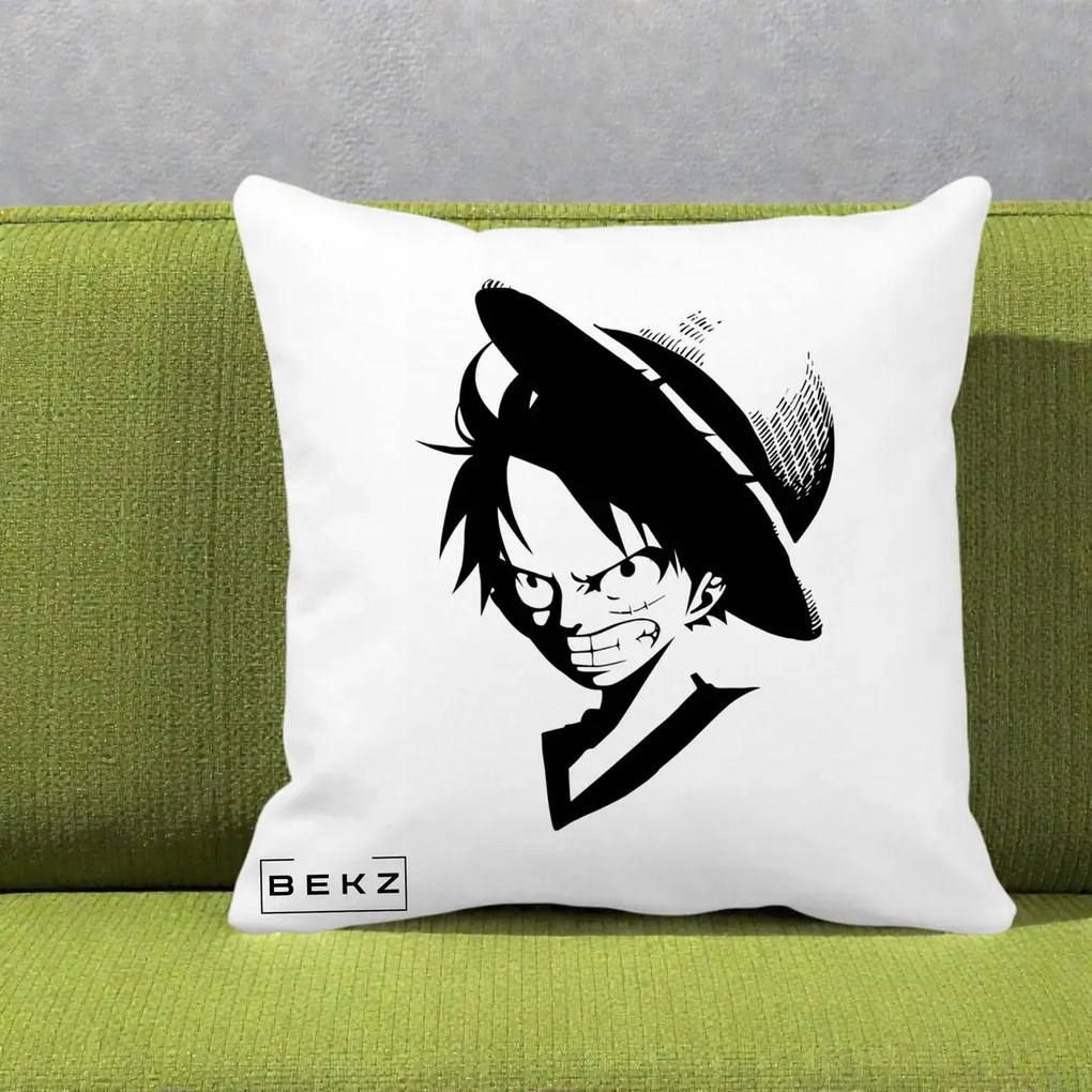 Perna Personalizata One Piece Luffy Silueta Alb-Negru, 40x40 cm, Alba Mata, Husa Detasabila, Perna Inclusa, BEKZ®