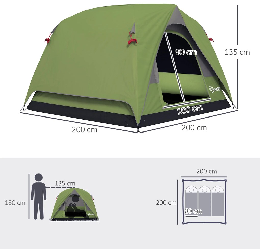 Outsunny Cort de Camping pentru 3 Persoane cu Buzunare și Geantă de Transport, 200x200x135 cm, Verde | Aosom Romania