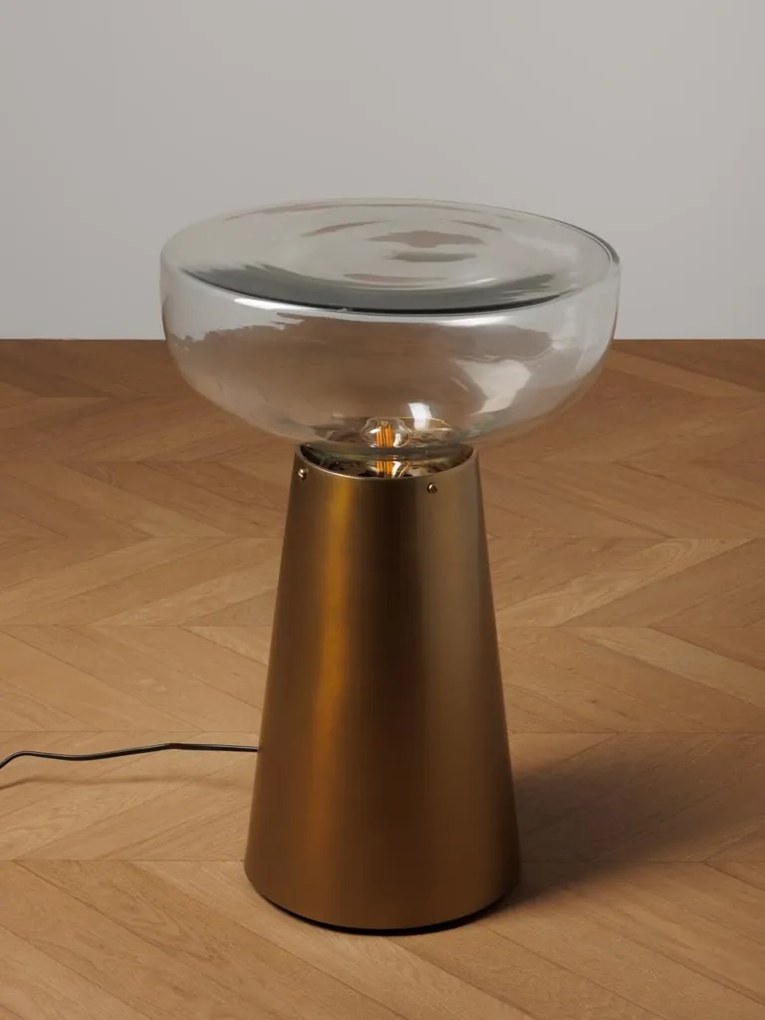 Măsuță laterală iluminată rotundă din metal și sticlă, auriu, cu blat în formă de cupă și bază conică, 56 x 37 cm, „Marvela”