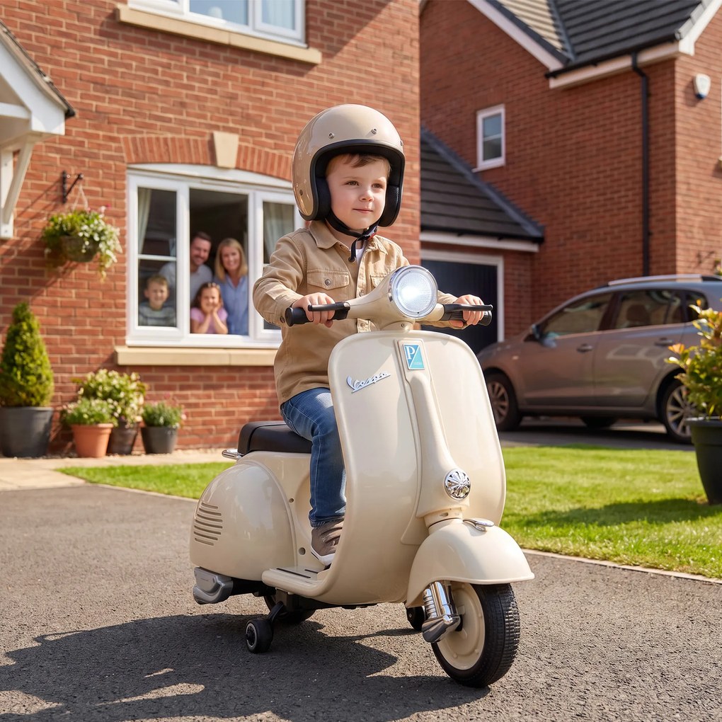 AIYAPLAY Motocicletă Electrică pentru Copii 3+ Ani, Licență VESPA, 6V, cu Roți Ajutătoare Detașabile, Max. 30 kg, Alb | Aosom Romania