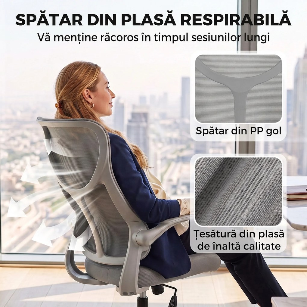 HOMCOM Scaun de birou ergonomic rotativ, cu cotiere rabatabile, funcție de balans, înălțime reglabilă, din plasă, gri | Aosom Romania