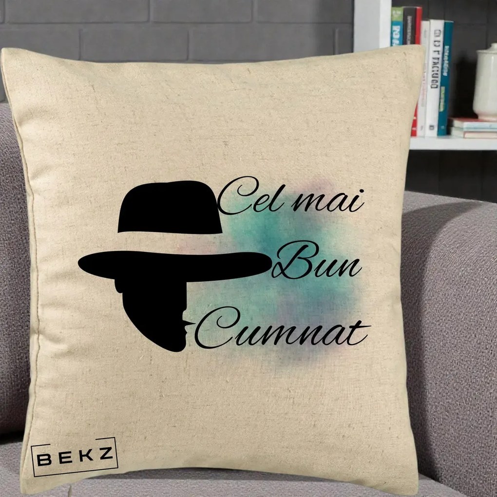 Cadou pentru Cumnat - Perna Personalizata Cel mai Bun Cumnat cu Silueta Palarie si Pete Teal-Roz, 40x40 cm, Bej, Husa Detasabila, Perna Inclusa, BEKZ®