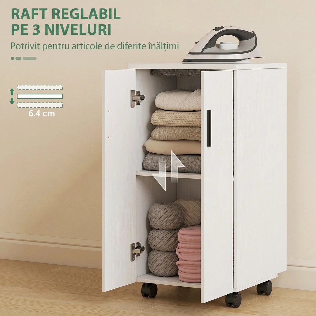 HOMCOM Mobilier pentru Masa de Călcat Pliabil cu Roți, Raft Reglabil și Închidere Soft Close, din Lemn și Material Textil, 128x43x83 cm, Alb | Aosom Romania