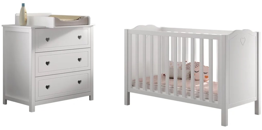 Set 2 Piese Mobilier Cameră Bebeluși AMORI, Alb (Pin Masiv și MDF), Design Romantic – Vipack