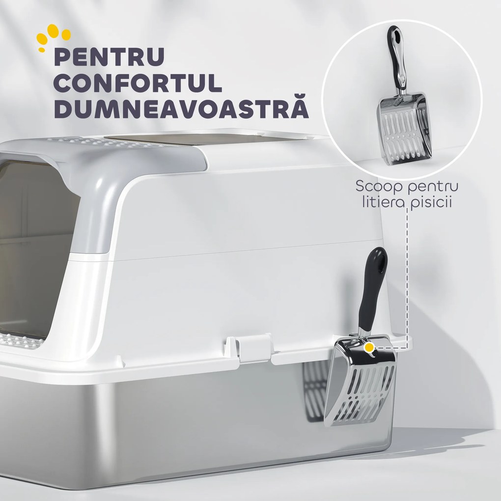 PawHut Litieră pentru pisici cu 2 intrări, deodorant și lopățică Alb și gri | Aosom Romania