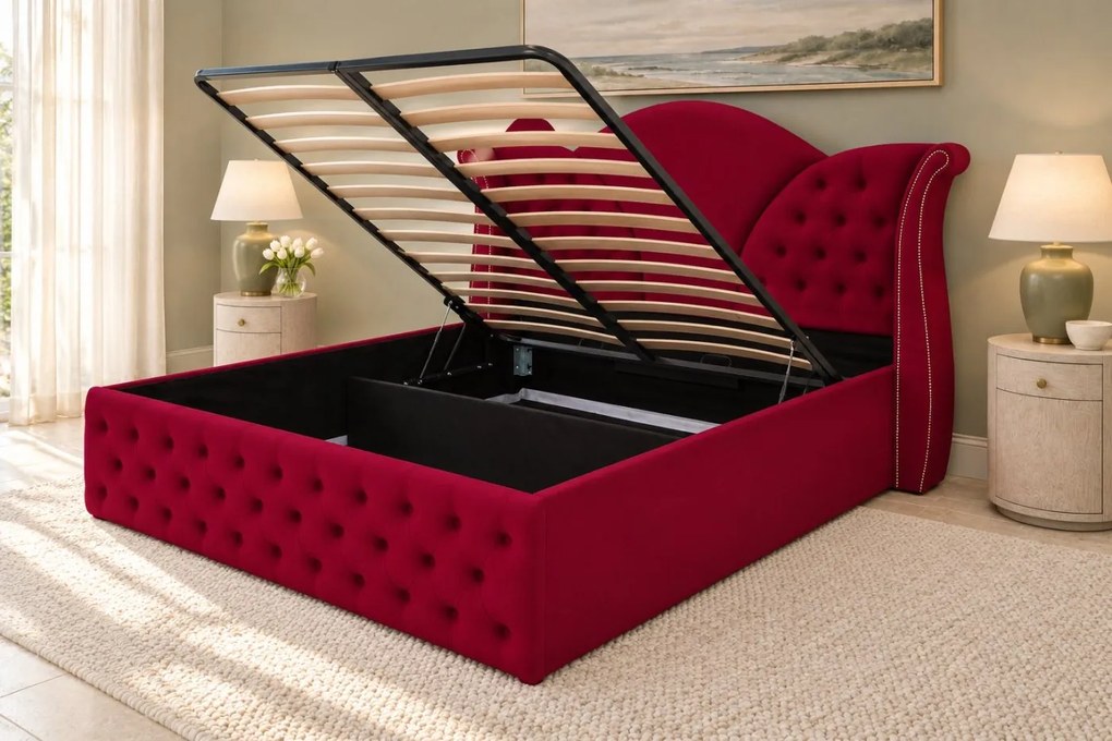 Pat tapițat Chesterfield din catifea Velora 180×200 cm, vișiniu, cu ladă de depozitare