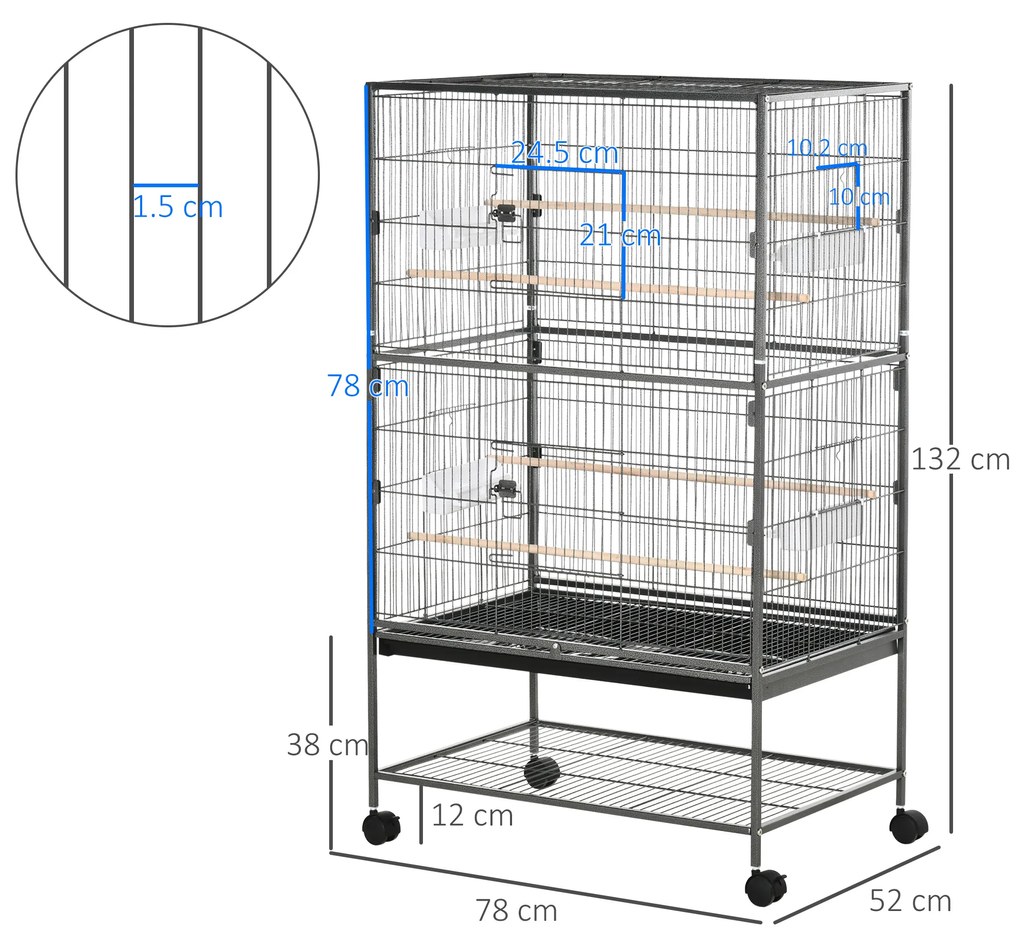 Cusca papagali de Interior din Otel si Lemn cu Tavă Detasabila, 4 Roți, Recipient pentru Alimente 78x52x132cm, Gri Inchis PawHut | Aosom Romania