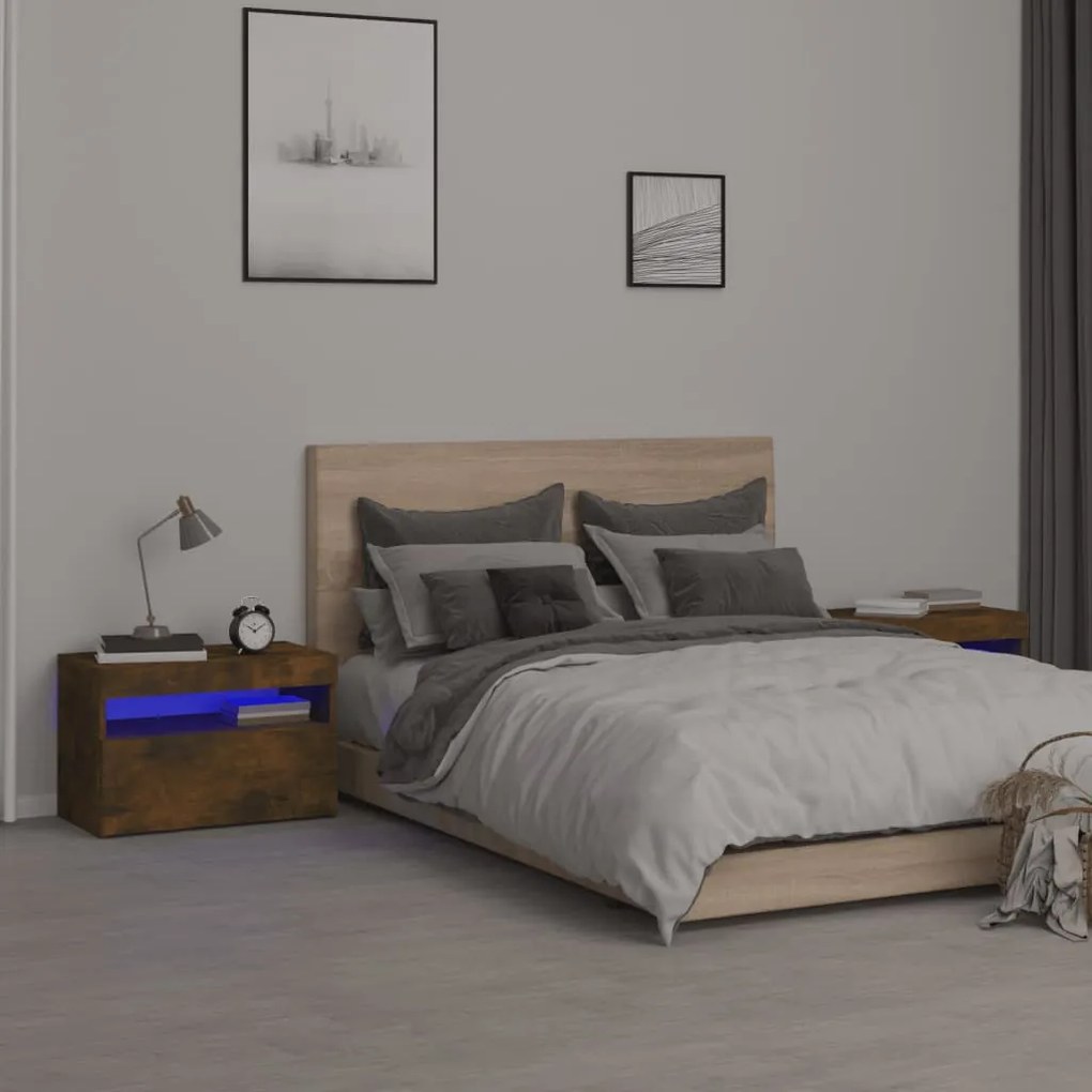 vidaXL Noptiere cu lumini LED, 2 buc., stejar fumuriu, 60x35x40 cm