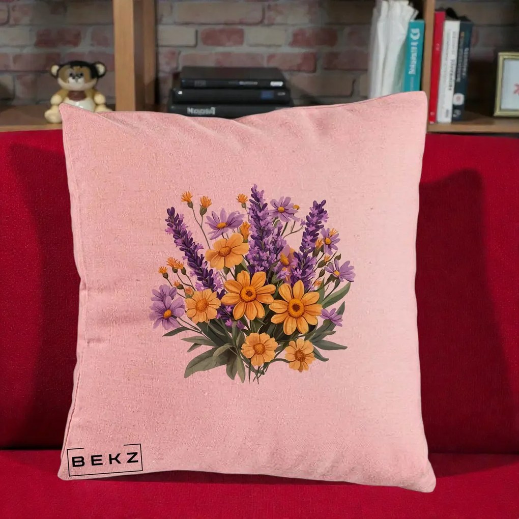 Perna Decorativa Lavanda cu Margarete Galbene si Lila, 40x40 cm, Roz, Husa Detasabila, Perna Inclusa, BEKZ®