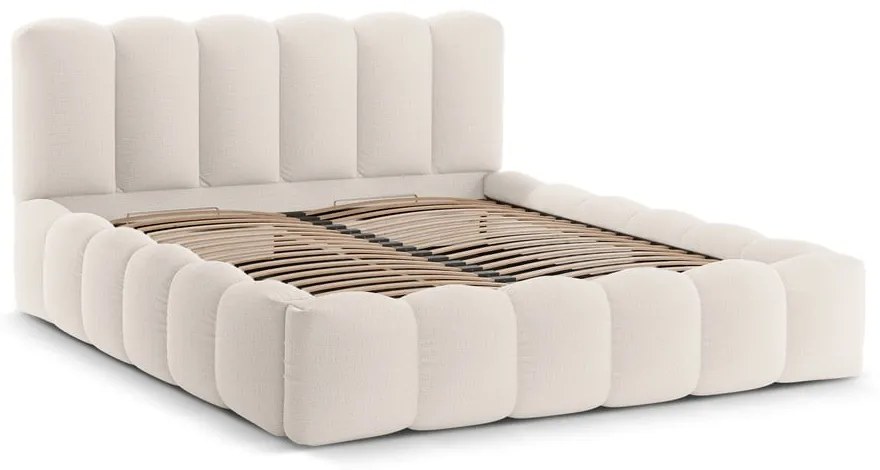 Pat matrimonial crem tapițat cu spațiu de depozitare cu somieră 200x200 cm Lupine – Micadoni