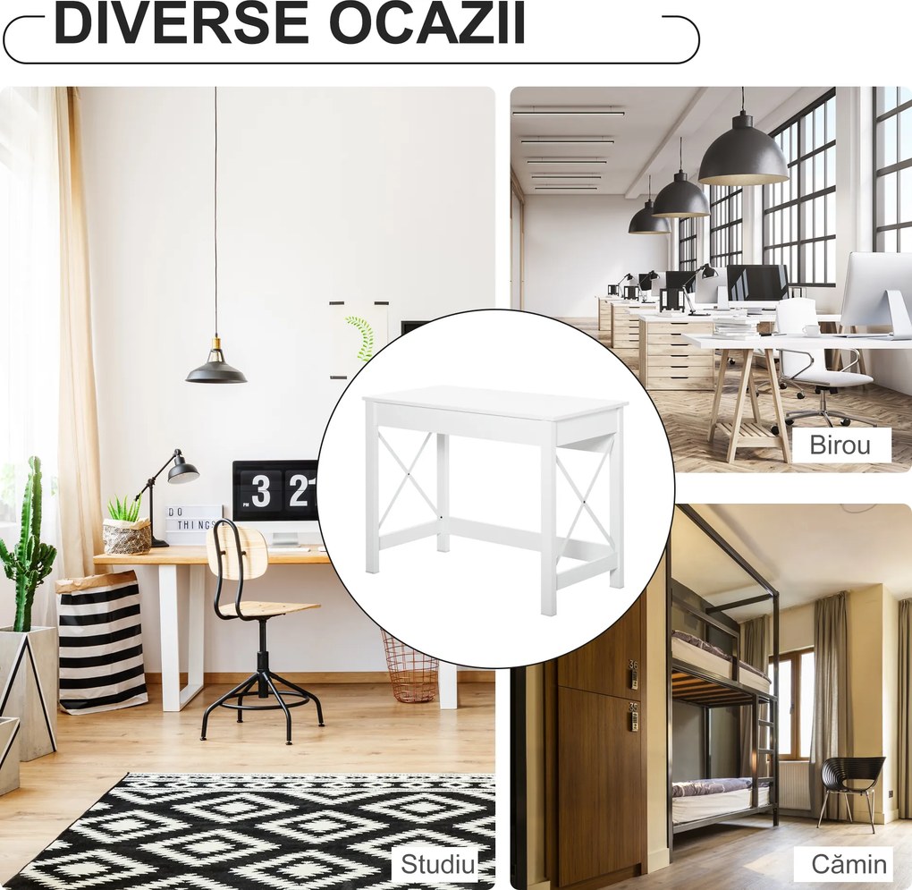 HOMCOM, Birou de Studiu, Stil Modern, MDF, Metal, 105x50x76 cm, Alb | Aosom Romania