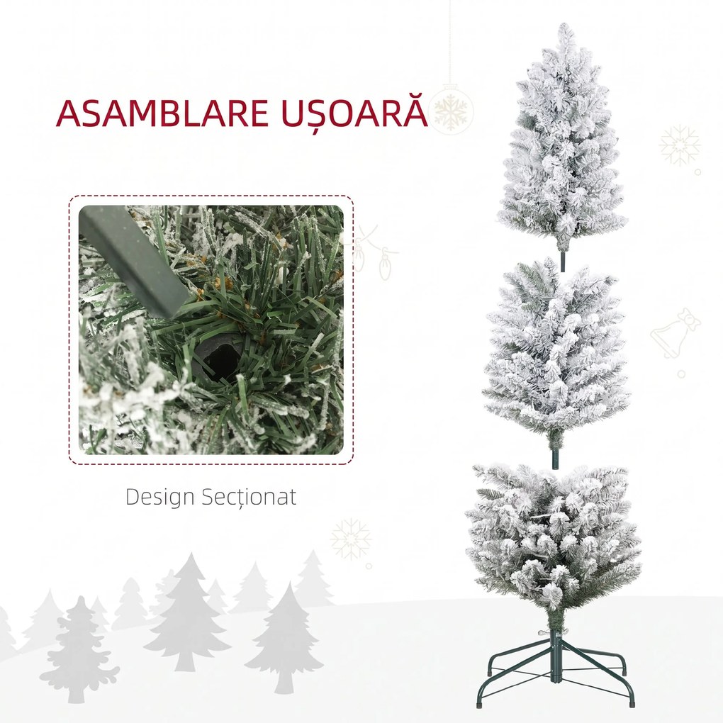 HOMCOM Brad de Crăciun Înzăpezit cu 263 de Crengi și Lumini LED Albe, Brad Artificial din Plastic, Ø45x150 cm, Verde | Aosom Romania