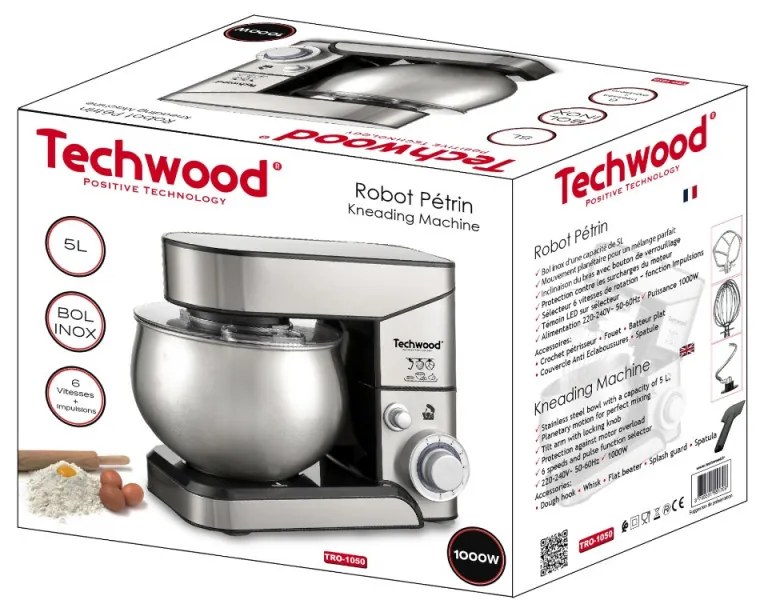 Mixer planetar Techwood TRO-1050, 1000W, 5 litri, 6 viteze, Pulse, 3 accesorii, Inox