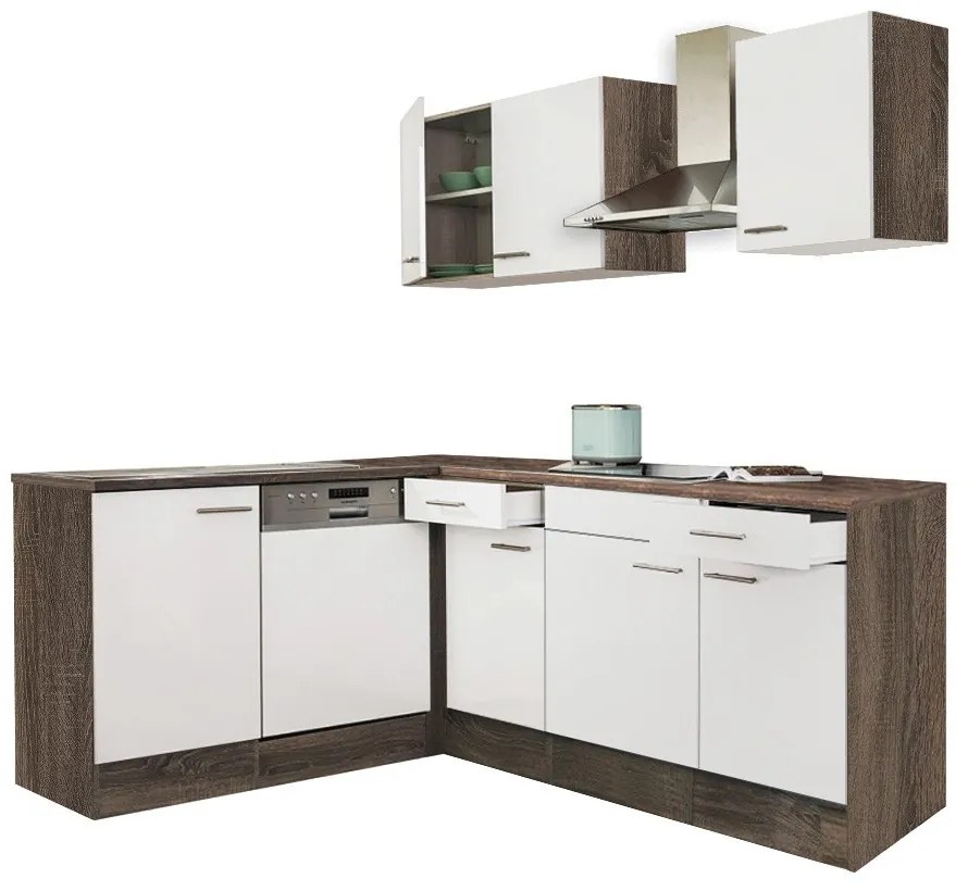 Mobilă de bucătărie de colț Yorki 220, corp din stejar Yorki, cu față alb satinat