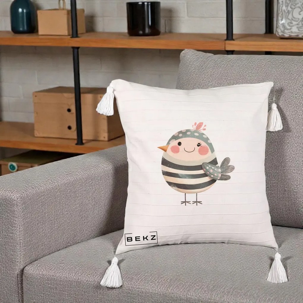 Perna Decorativa Pui Kawaii Teal cu Flori, 40x40 cm, Bej cu Franjuri, Husa Detasabila, Perna Inclusa, BEKZ®