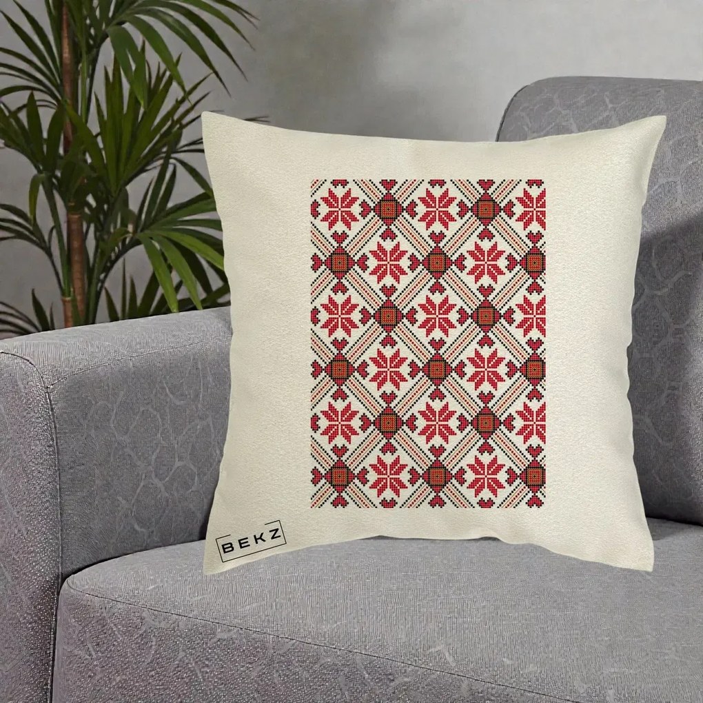 Perna Personalizata Motiv Traditional Ie Romaneasca Rosu, 40x40 cm, Ecru, Husa Detasabila, Perna Inclusa, BEKZ®