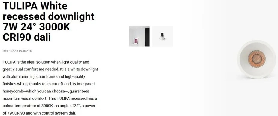 Spot LED incastrabil TULIPA White recessed downlight 7W 24° 3000K CRI90 dali